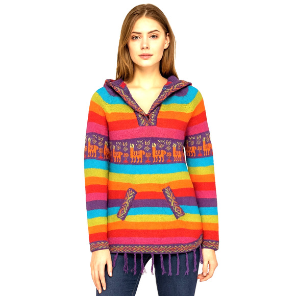 Womens Rainbow Stripe Peruvian Alpaca Hooded Fringe Trim Boho Sweater Small - Picture 1 of 9